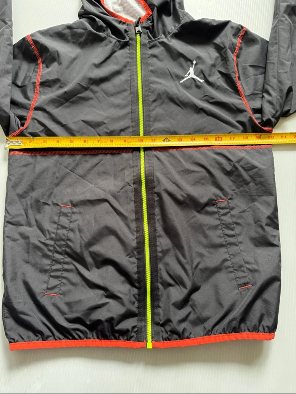 Air Jordan Black, hooded Windbreaker Jacket with Neon Zip. Youth Size XL
